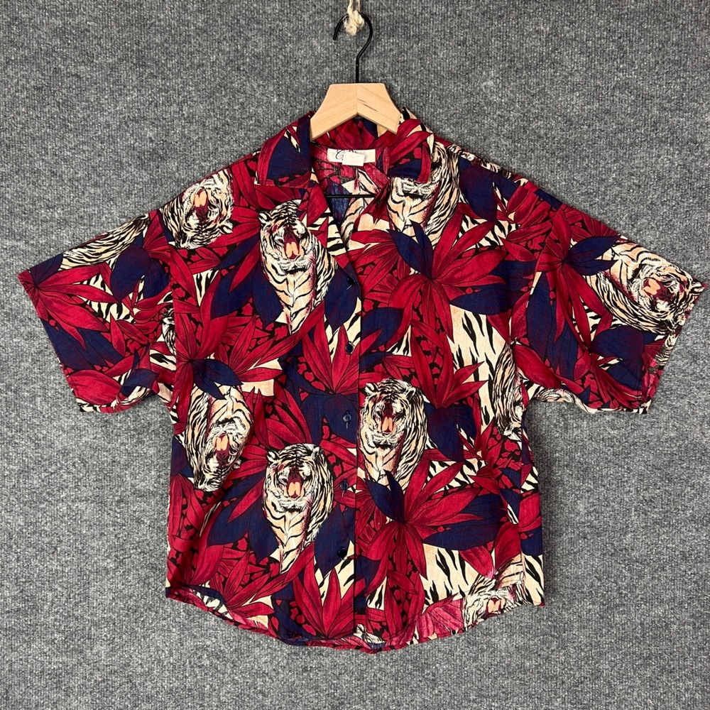 Vintage C Mon Women's Button Up Shirt Tiger Tropical Print Short Sleeve‎ Size 10
